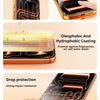 Various features of an HD tempered glass screen protector including no black borders, responsive touch, oleophobic coating, a