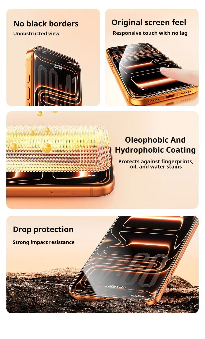 Various features of an HD tempered glass screen protector including no black borders, responsive touch, oleophobic coating, a