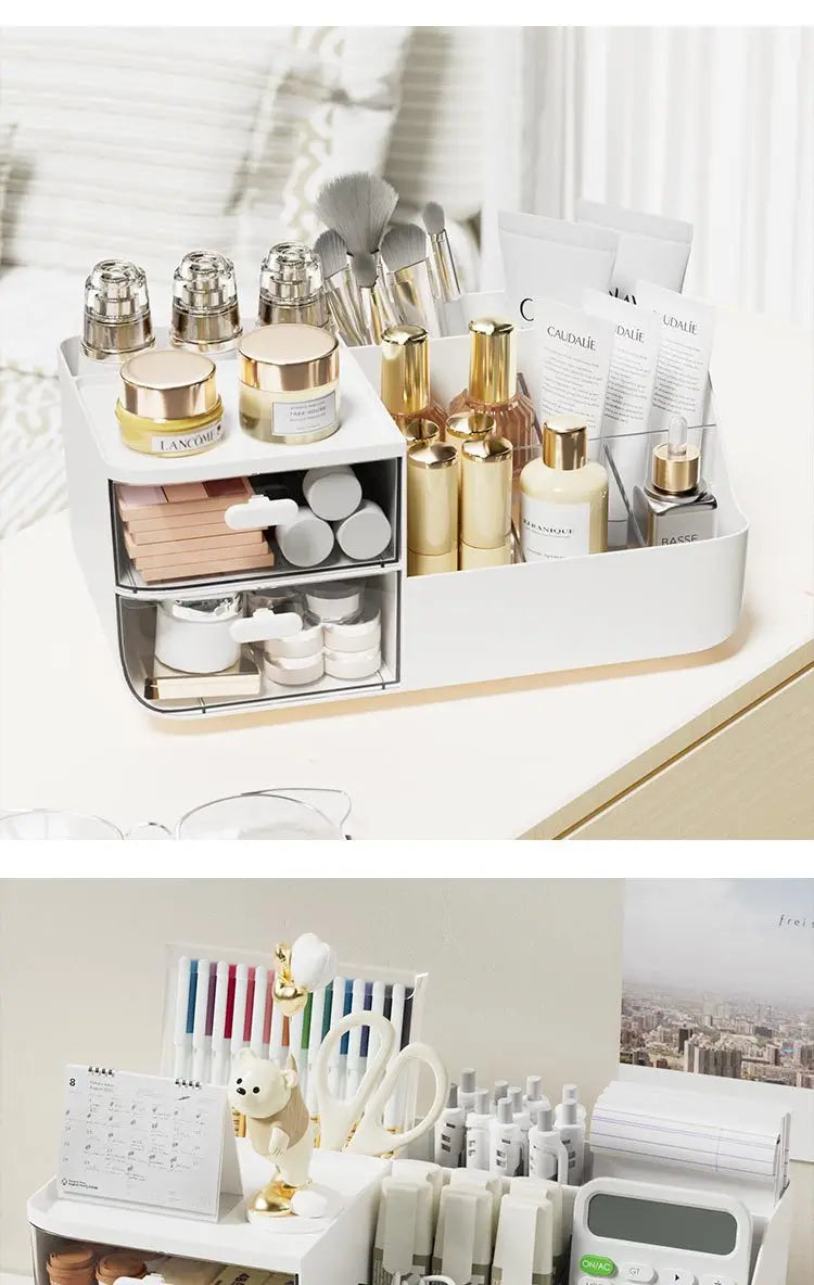 A white desk organizer with two clear drawers holding various cosmetic and stationery products.