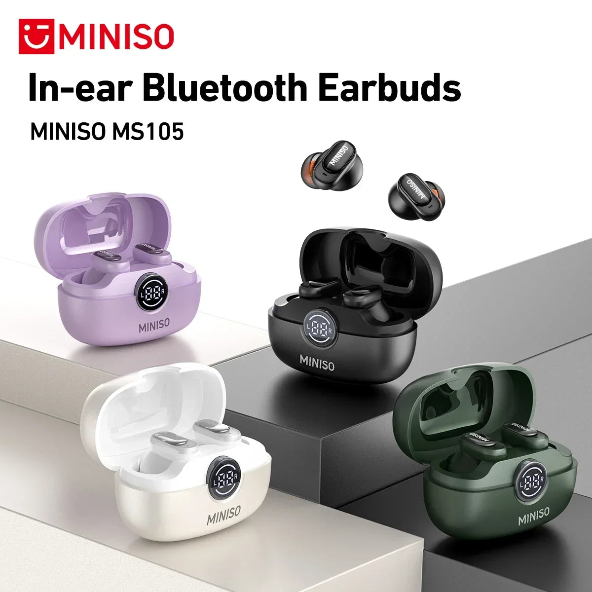A collection of Miniso MS105 in-ear Bluetooth earbuds shown in various colors and open/closed states.