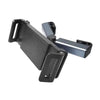 Black telescopic car headrest phone and tablet mount with a silver clamp mechanism