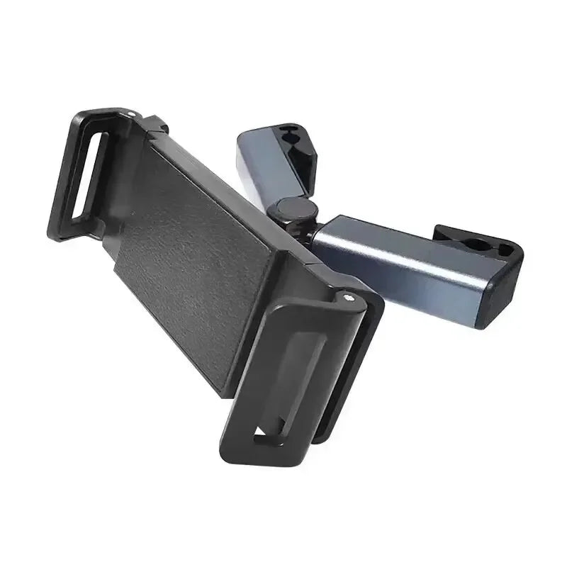 Black telescopic car headrest phone and tablet mount with a silver clamp mechanism
