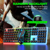 RGB backlit keyboard and mouse combo with vibrant lighting effects on a dark surface.