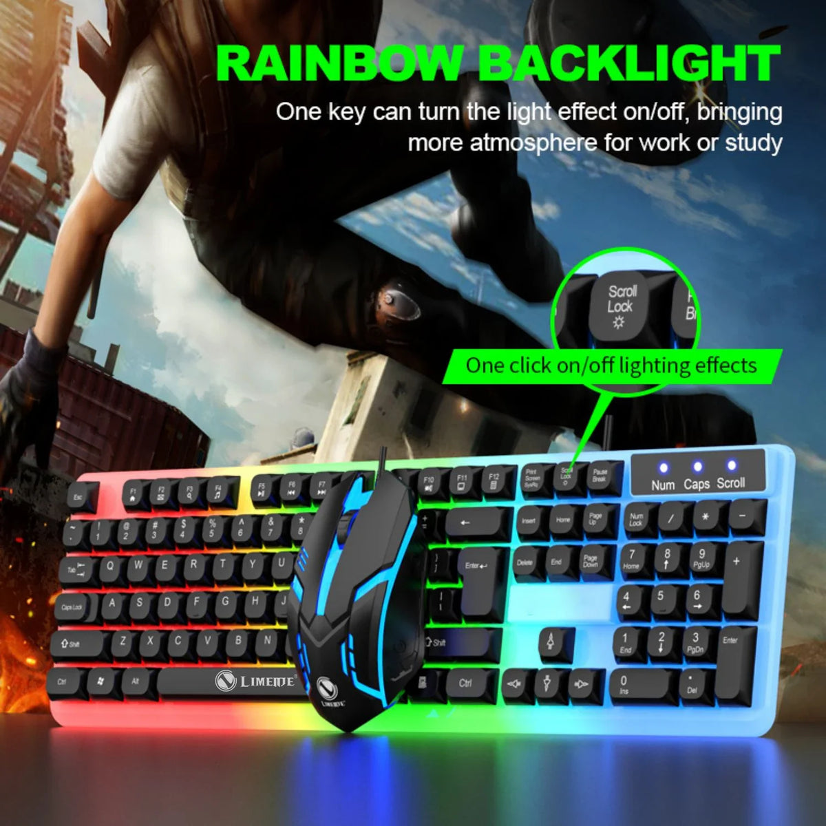 RGB backlit keyboard and mouse combo with vibrant lighting effects on a dark surface.