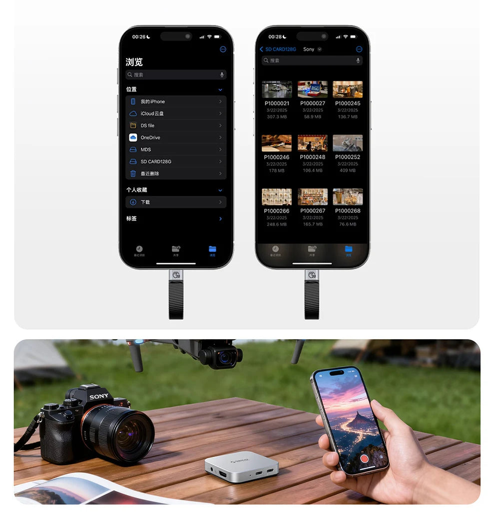 A hand holds a smartphone next to a high-speed NVMe SSD to USB Hub dock and a camera.