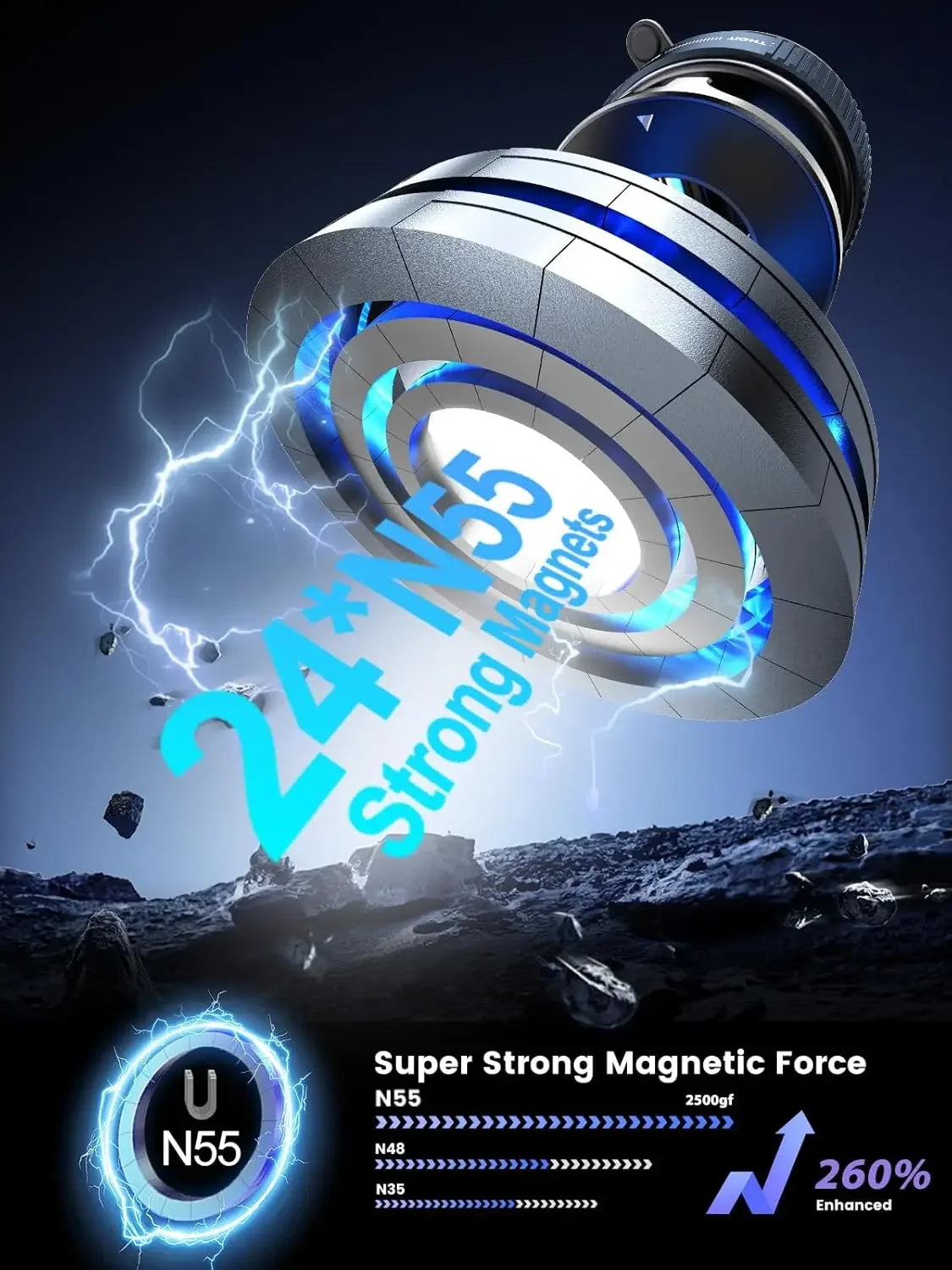 Nahaufnahme eines magnetischen Handyhalter für Auto, der starke magnetische Kraft mit 24xN35-Magneten demonstriert.