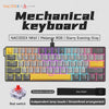 A close-up view of a black mechanical keyboard with a metallic gray keycap set and purple LED lighting.