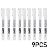 Nine white permanent metal paint markers displayed in a row.