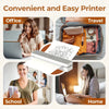 A compact thermal receipt printer is shown in various contexts: office work, travel, school, and home use.