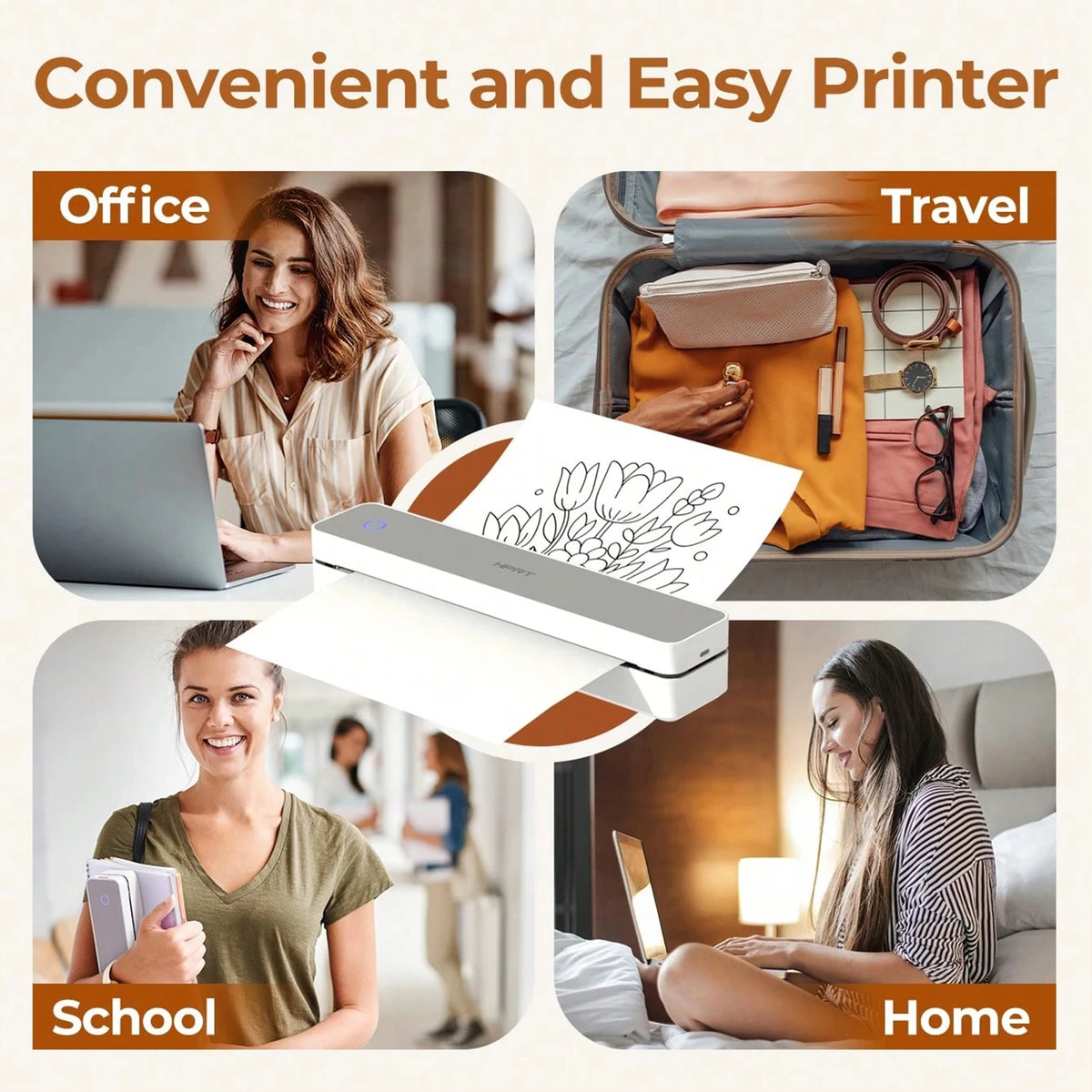 A compact thermal receipt printer is shown in various contexts: office work, travel, school, and home use.