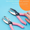 Two pink handheld metal punchers with rubber sleeves are shown against a light blue background.
