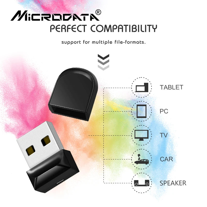 Schwarzer High-Speed-USB-Stick mit Kompatibilitätssymbolen für Tablet, PC, TV, Auto und mehr