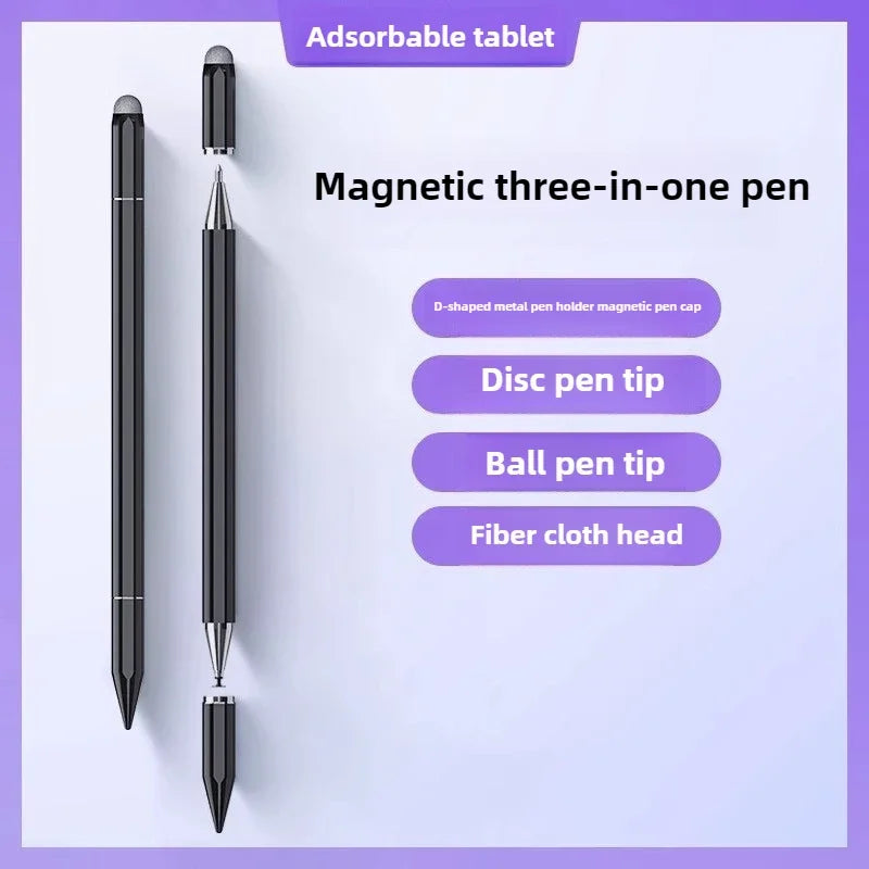 Pluma magnética de tres en uno con puntas de disco, bola y tela para tabletas.