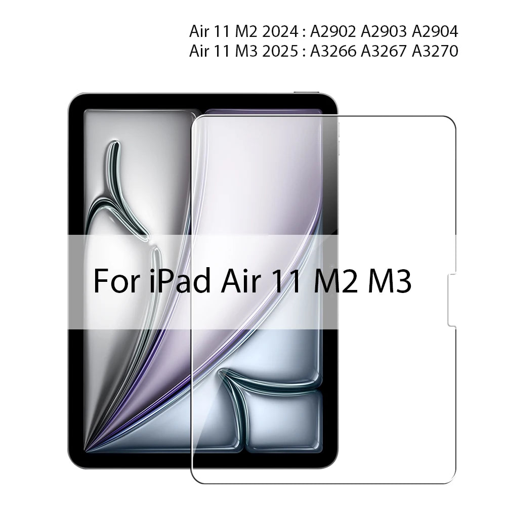 A clear tempered glass screen protector for an iPad Air 11 M2 and M3 model.
