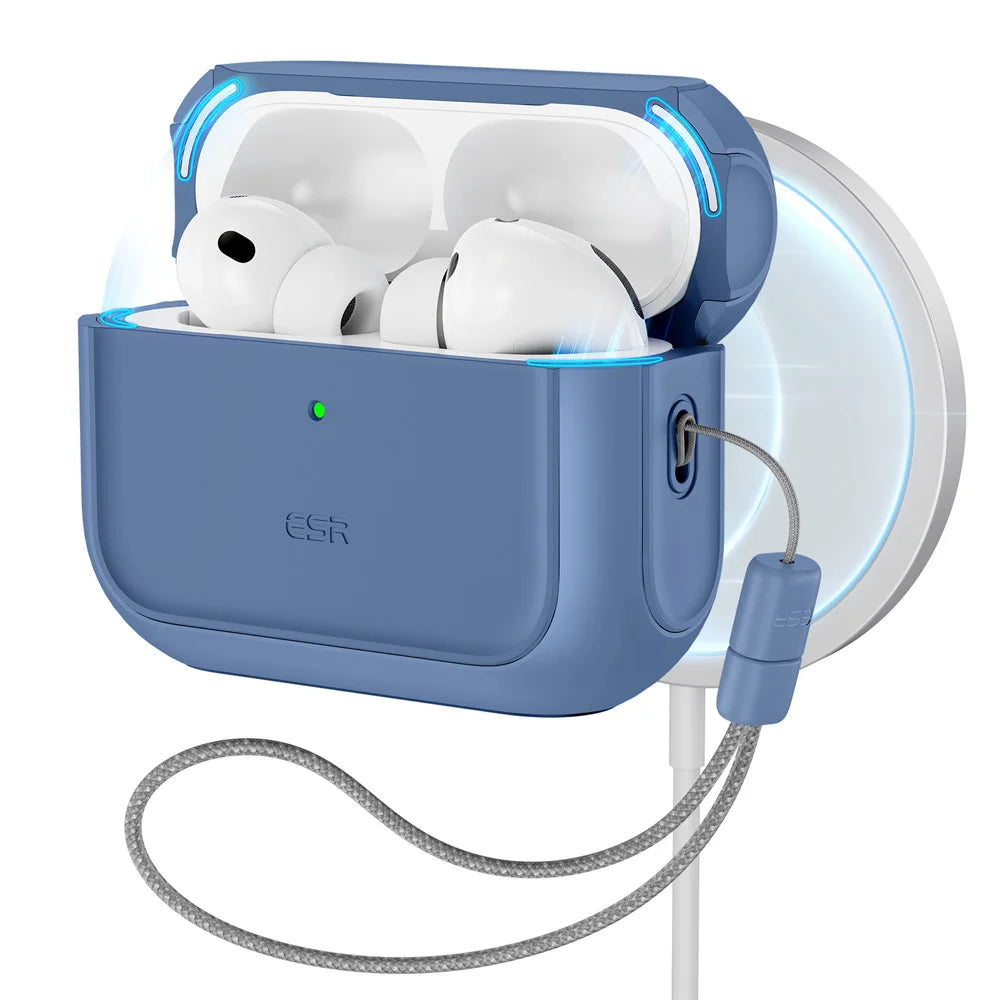 A blue charging case for AirPods Pro with a magnetic lid and a coiled cable.