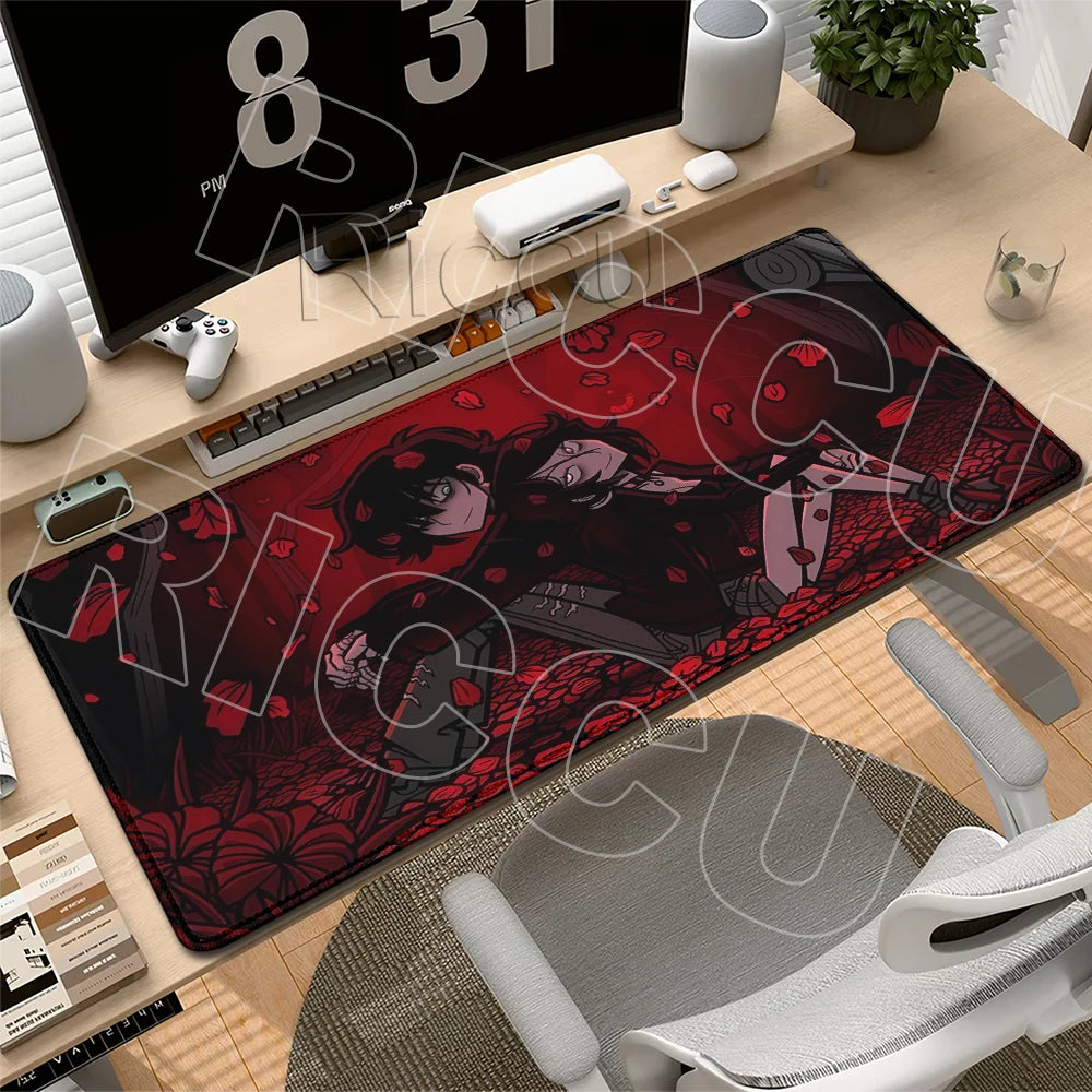A gaming mouse pad featuring a dark, stylized illustration of characters on a red background.