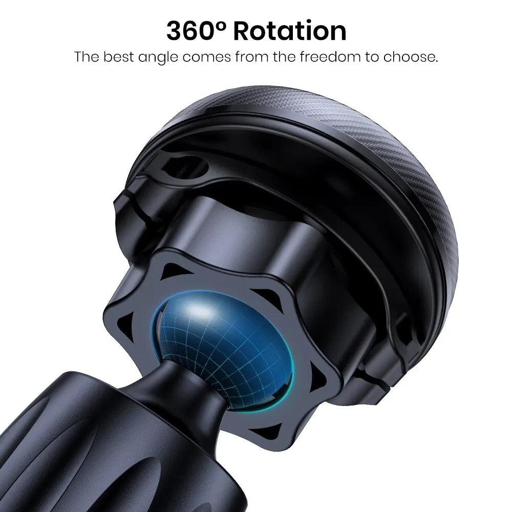 Close-up view of a black magnetic car phone mount designed for an air vent, highlighting its 360 degree rotation feature.