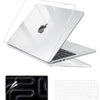 A clear plastic hard shell laptop case with a keyboard cover and screen film shown next to an open laptop.