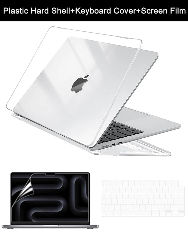 A clear plastic hard shell laptop case with a keyboard cover and screen film shown next to an open laptop.