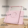 A pink magnetic rotating protective case with a hard shell and silicone lining is shown on a wooden surface.