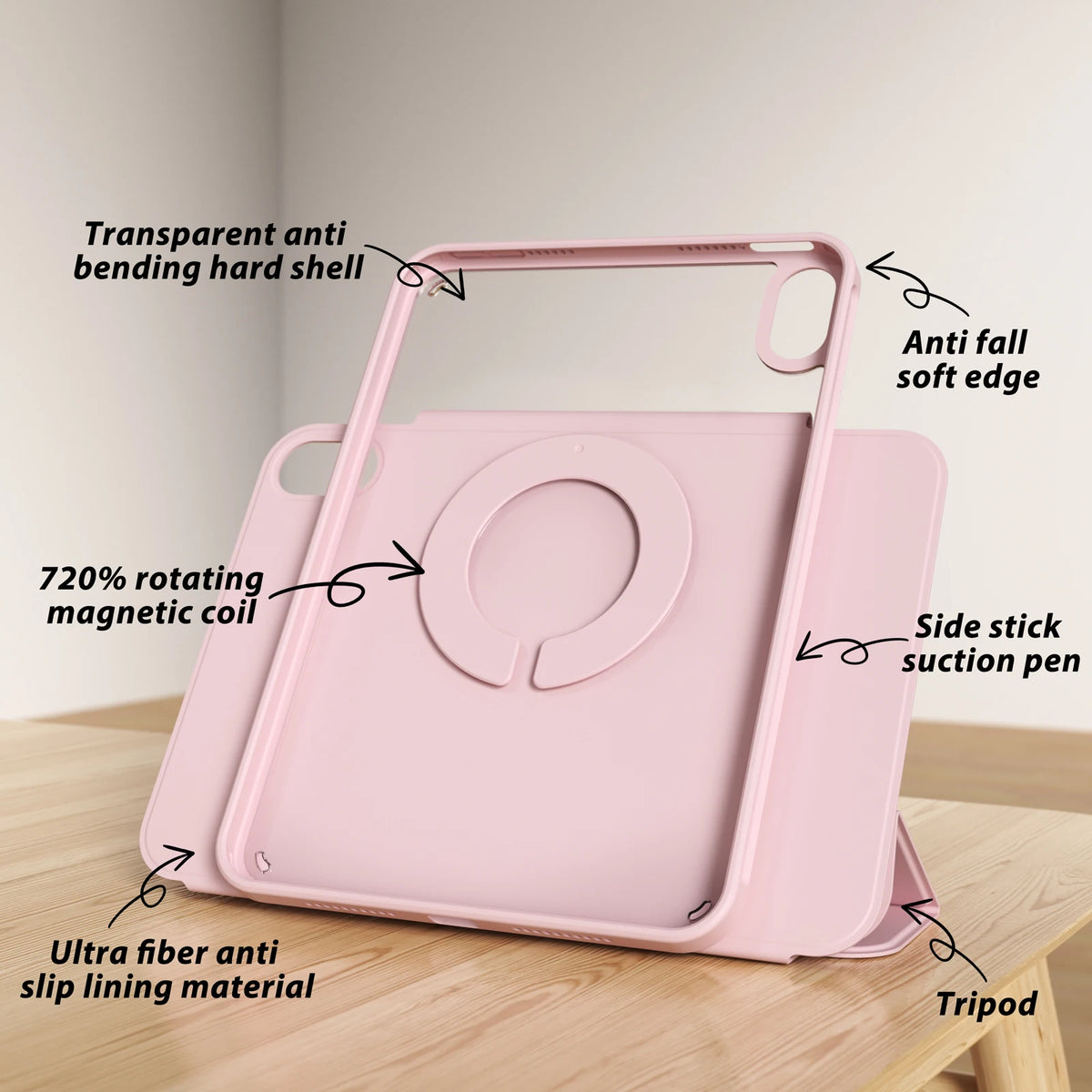 A pink magnetic rotating protective case with a hard shell and silicone lining is shown on a wooden surface.