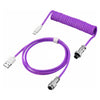 A purple coiled USB-C cable with connectors for mechanical keyboards.