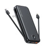 A black portable charger with built-in cables and a wall plug is shown from the side.