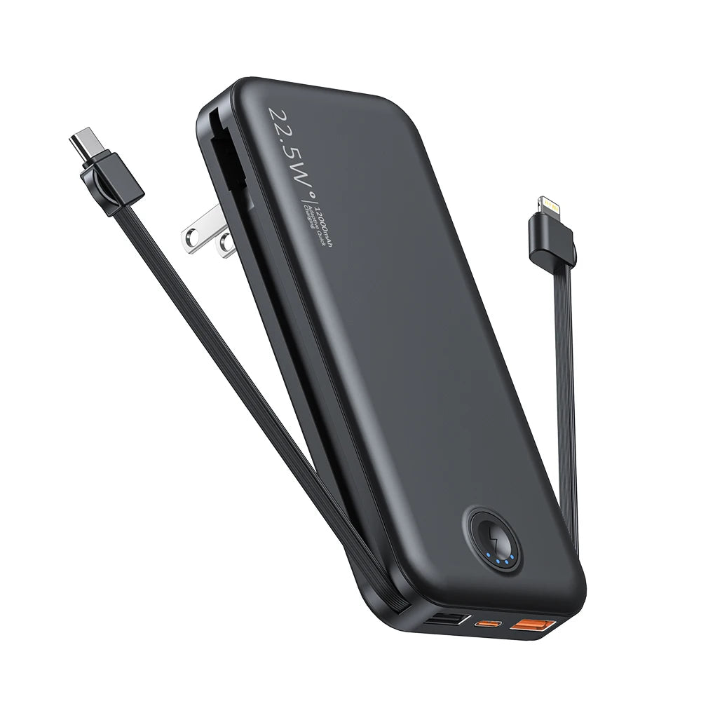 A black portable charger with built-in cables and a wall plug is shown from the side.
