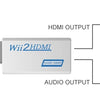 A Wii to HDMI converter adapter connects a Wii console to output video to a monitor or TV and audio to speakers or headphones