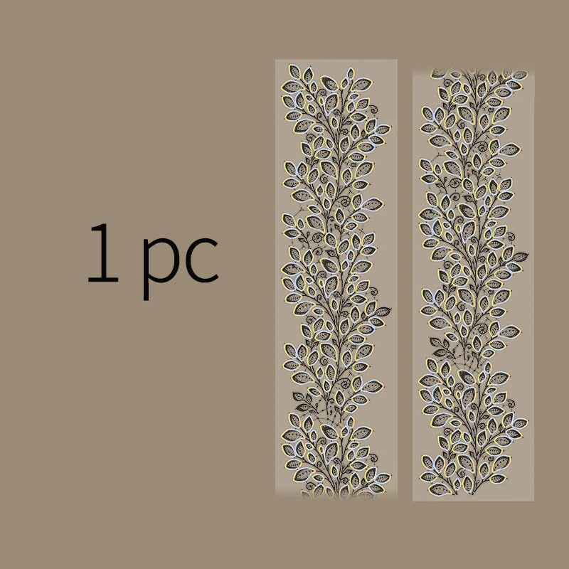 A vertical rectangular image showing a decorative silver stamping lace tape design on a beige background.