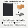 Diagrams showing how to choose the right bag size for corrugated and flat boxes, including calculations for rectangular and c