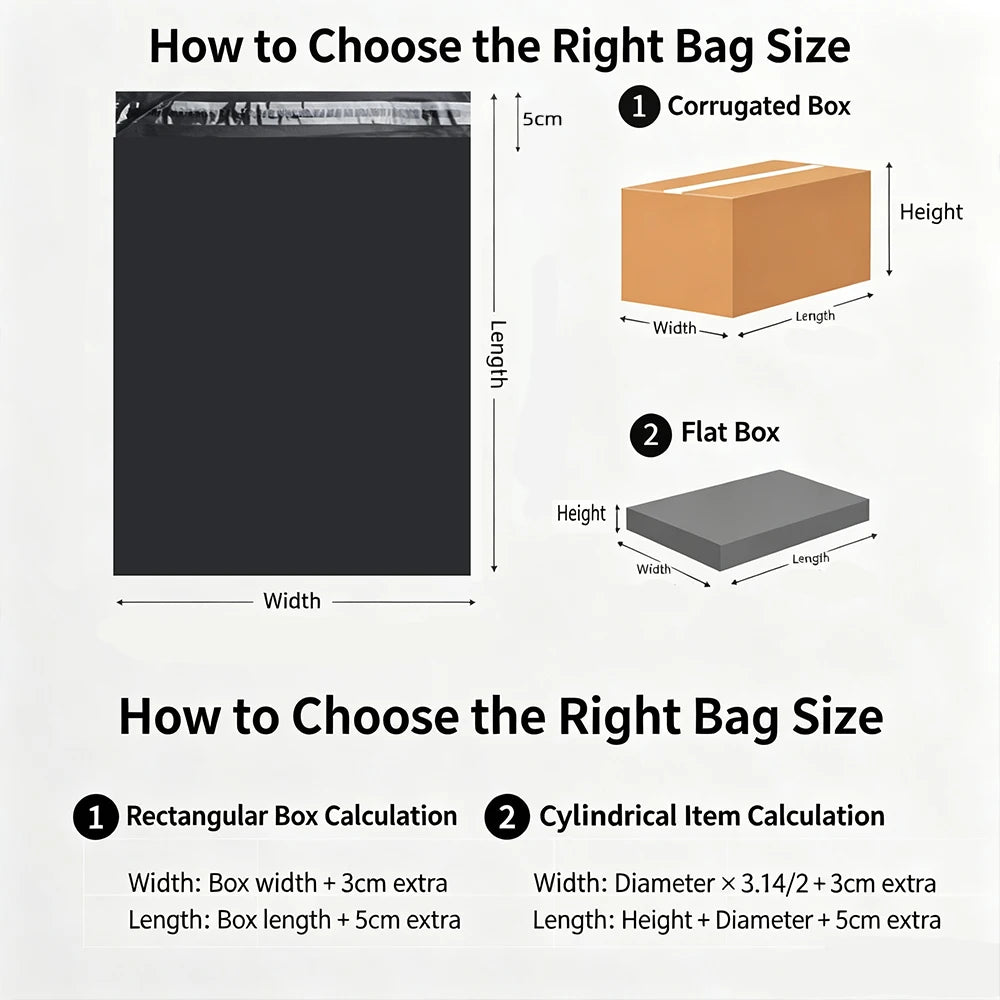 Diagrams showing how to choose the right bag size for corrugated and flat boxes, including calculations for rectangular and c