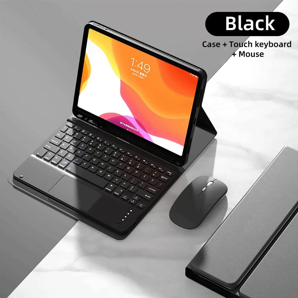 Un iPad noir avec clavier et souris Bluetooth détachables sur une surface blanche.