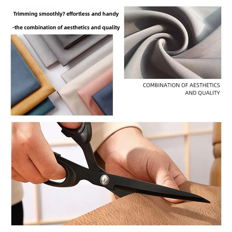 Close-up of professional stainless steel tailor scissors being used to trim fabric.