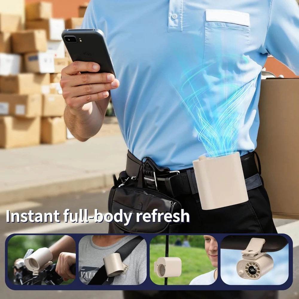 A man holds a smartphone displaying a blue energy effect, with portable mini fans visible in the foreground and background.