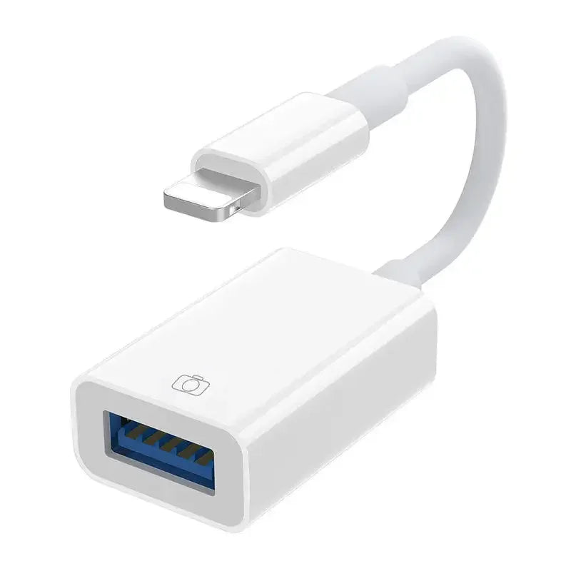 A white universal adapter cable with a Lightning connector and a Micro USB connector for data transfer.