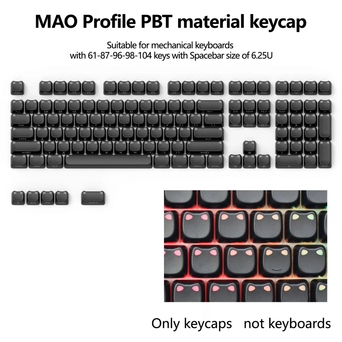 A set of black cat-themed shine-through keycaps for mechanical keyboards