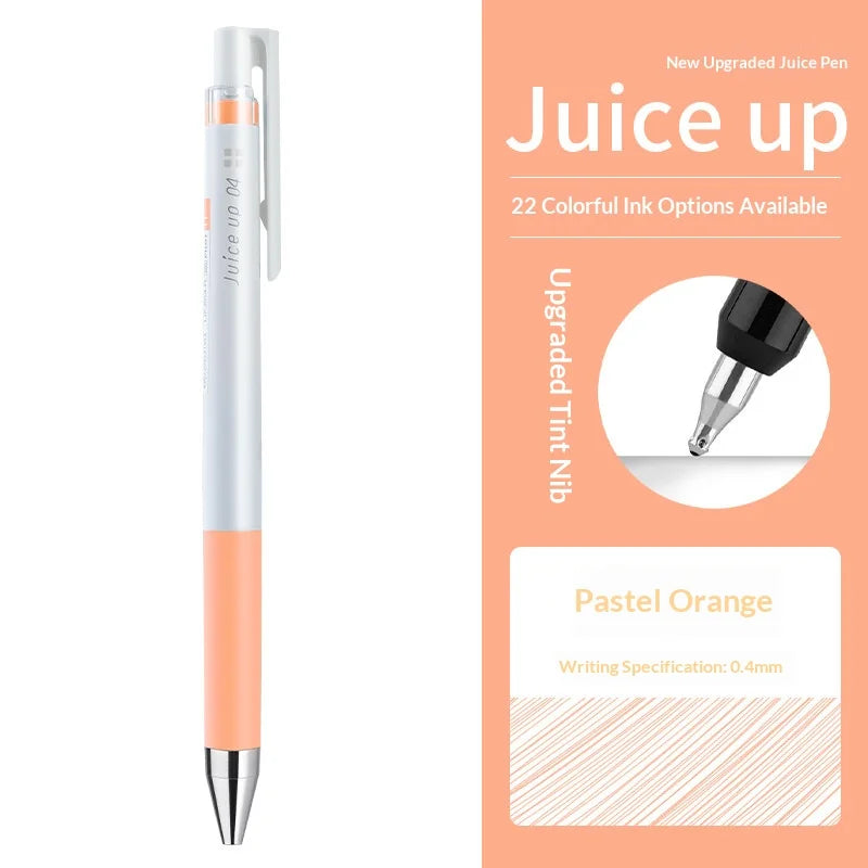 A white and orange Pilot Juice Up fine point gel pen is shown next to options for colored ink pens.
