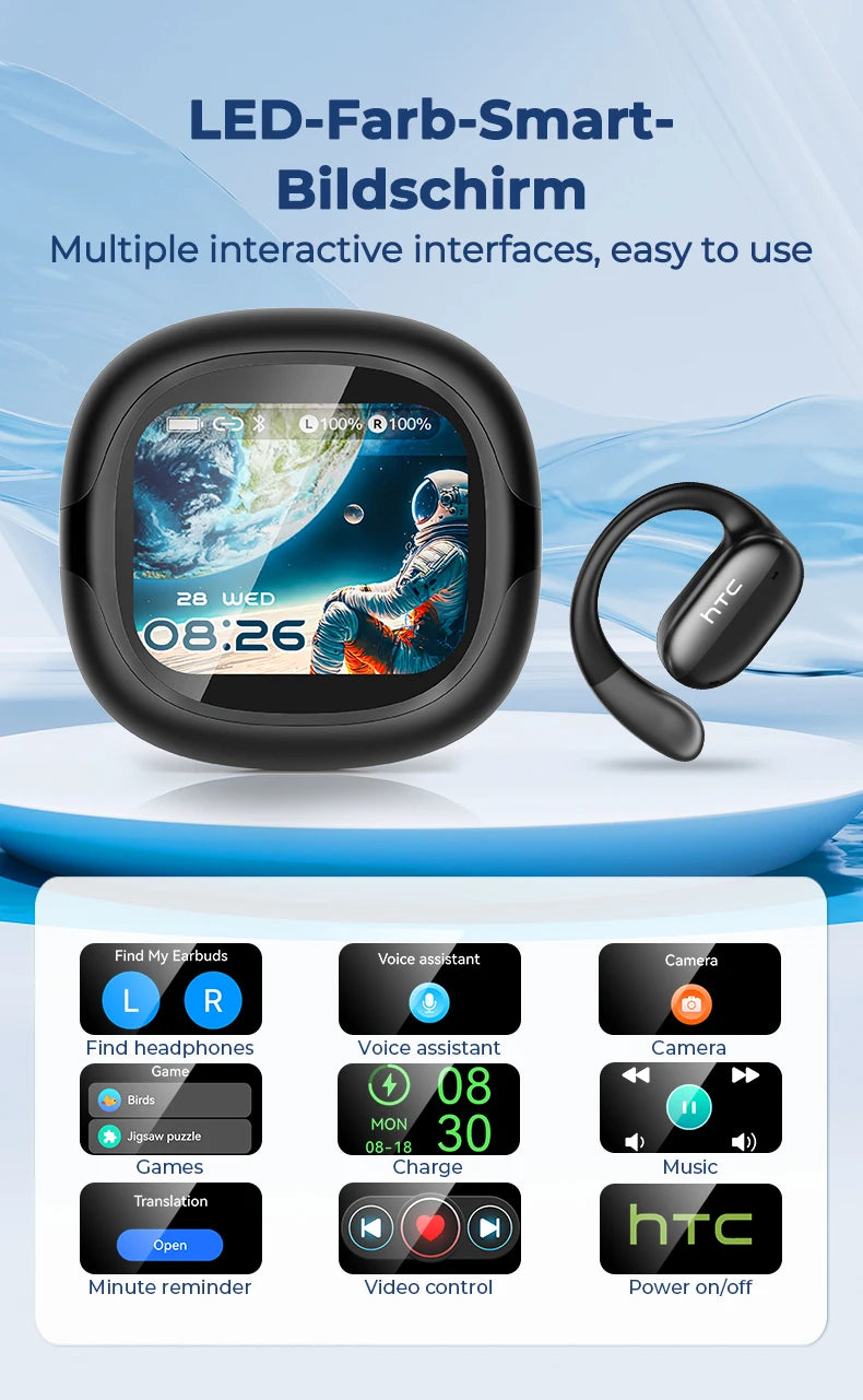 A black LED-Farb-Smart display device showing various interactive interfaces for managing earbuds and functions.
