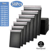 A stack of 50 black waterproof bubble mailers in various sizes and thicknesses.