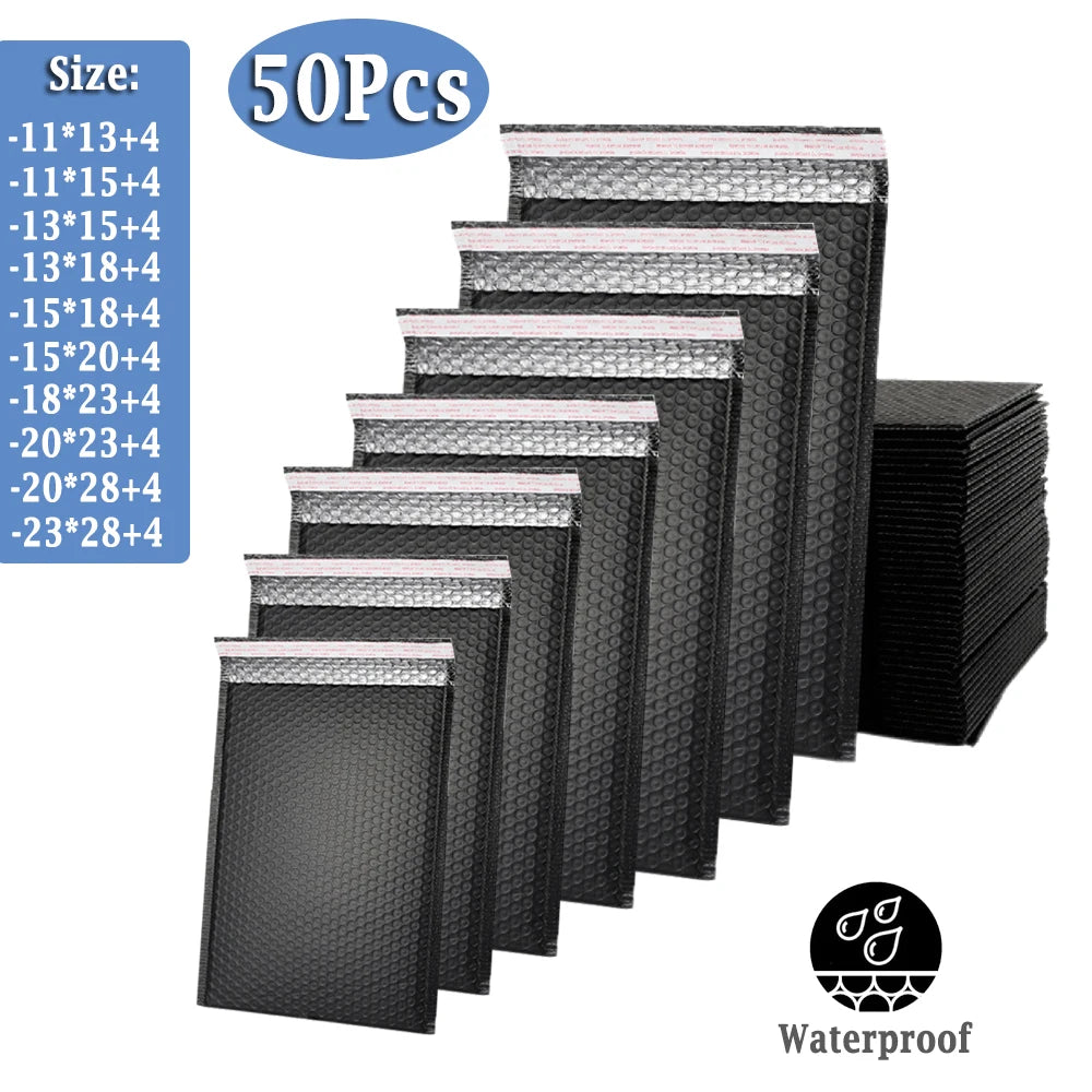 A stack of 50 black waterproof bubble mailers in various sizes and thicknesses.