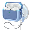 A blue charging case for AirPods Pro with white earbuds, connected to a white cord.