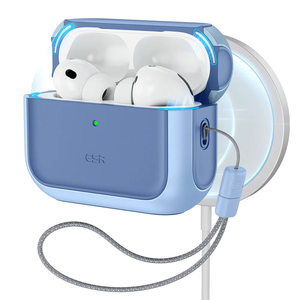 A blue charging case for AirPods Pro with white earbuds, connected to a white cord.