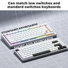 A comparison showing standard and short-axis mechanical keyboards, highlighting compatibility with low switches.