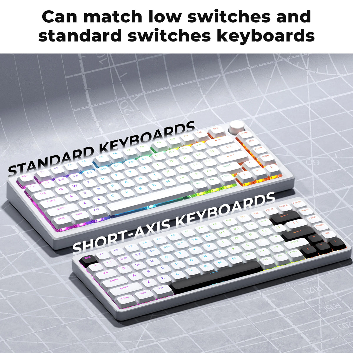 A comparison showing standard and short-axis mechanical keyboards, highlighting compatibility with low switches.
