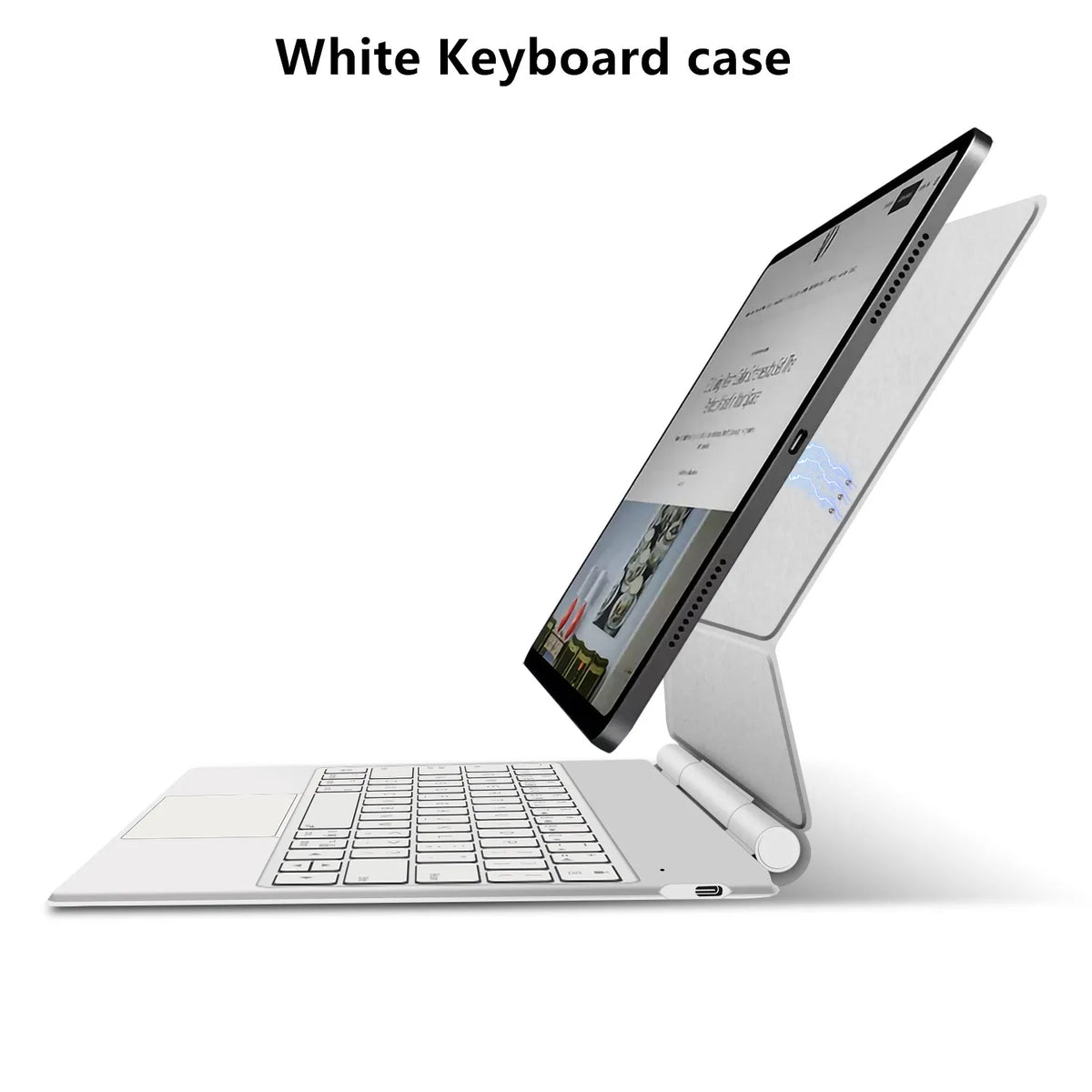 A white keyboard case is shown alongside an iPad with a Magic Keyboard cover.