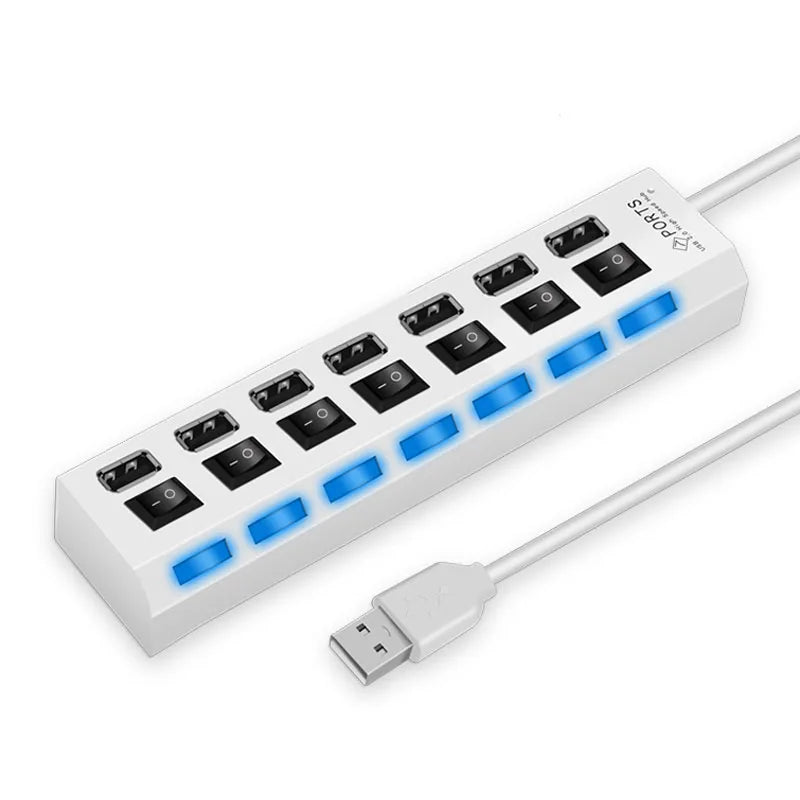 A white USB hub splitter extender with seven ports and a cable attached.