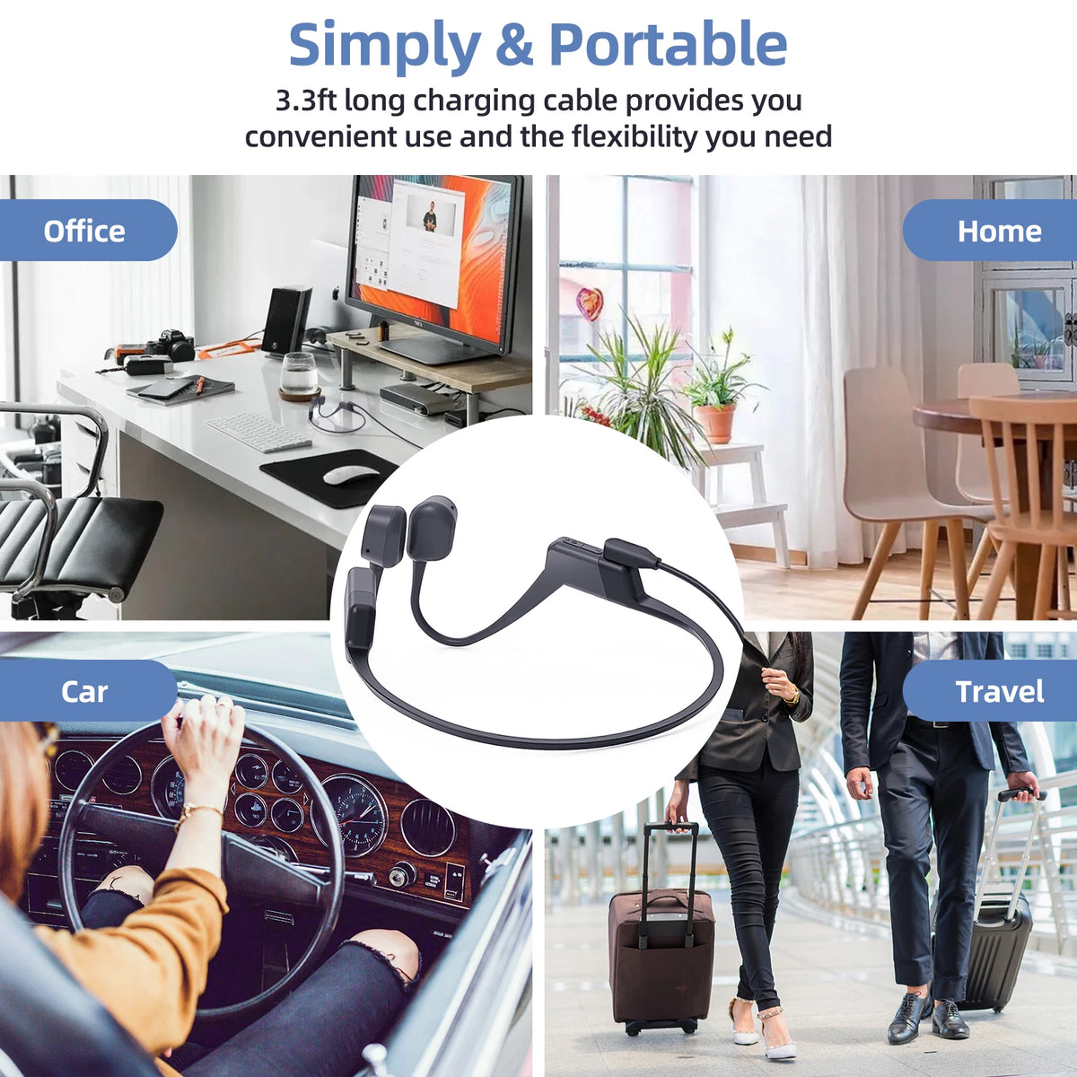 A black charging cable is shown in various contexts including an office, home, car, and travel setting.