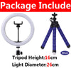 A white LED selfie ring light with a 16cm tripod and a 26cm light diameter.