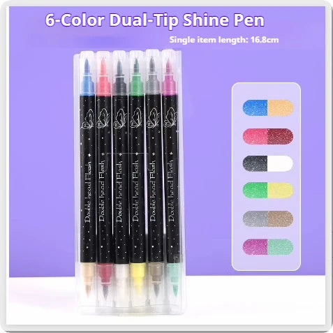 A set of six 6-Color Dual-Tip Shine Pens in various glitter colors displayed in a clear packaging.